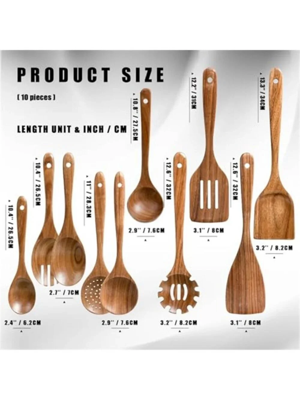 HSM Wooden Spoons for Cooking, 10-Piece Acacia Wood Kitchen Utensil Set - E